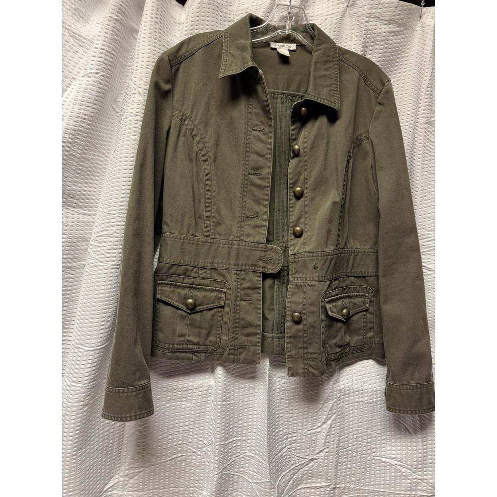 Women's Harolds 100% Cotton Olive Green Utility Jacket Bronze Button Size M - Picture 1 of 13